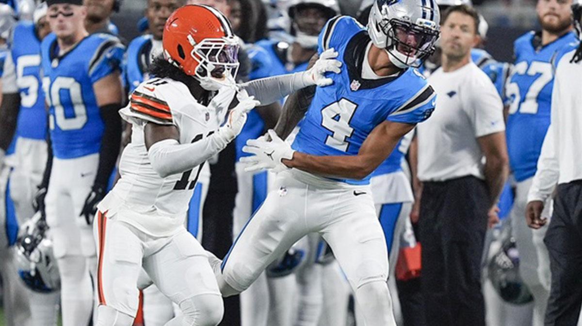 Tetairoa McMillan breaks down Xavier Legette’s hands after fight vs. Browns_thumbnail